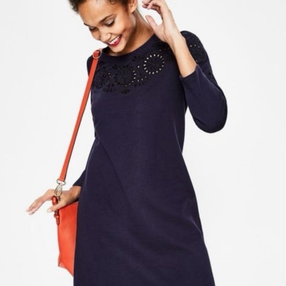 Boden Navy Blue Eyelet Sweatshirt Dress Mini Long Sleeve Crew Neck Solid Size 8 - Picture 1 of 8